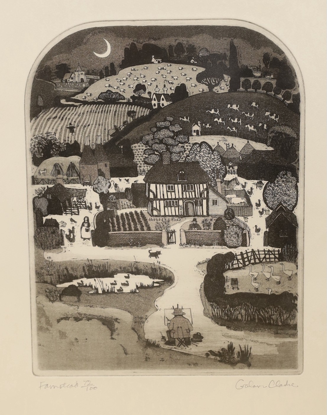 Graham Clarke (1941-), etching and aquatint, Farmstead, signed in pencil, 72/100, 34 x 26cm